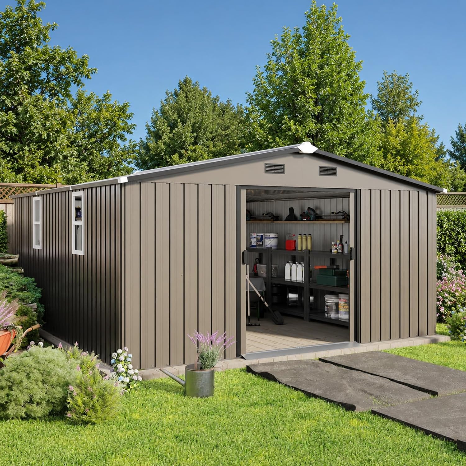 Gardening Tools Of - Metal Storage Shed 10x12FT Outdoor Backyard
