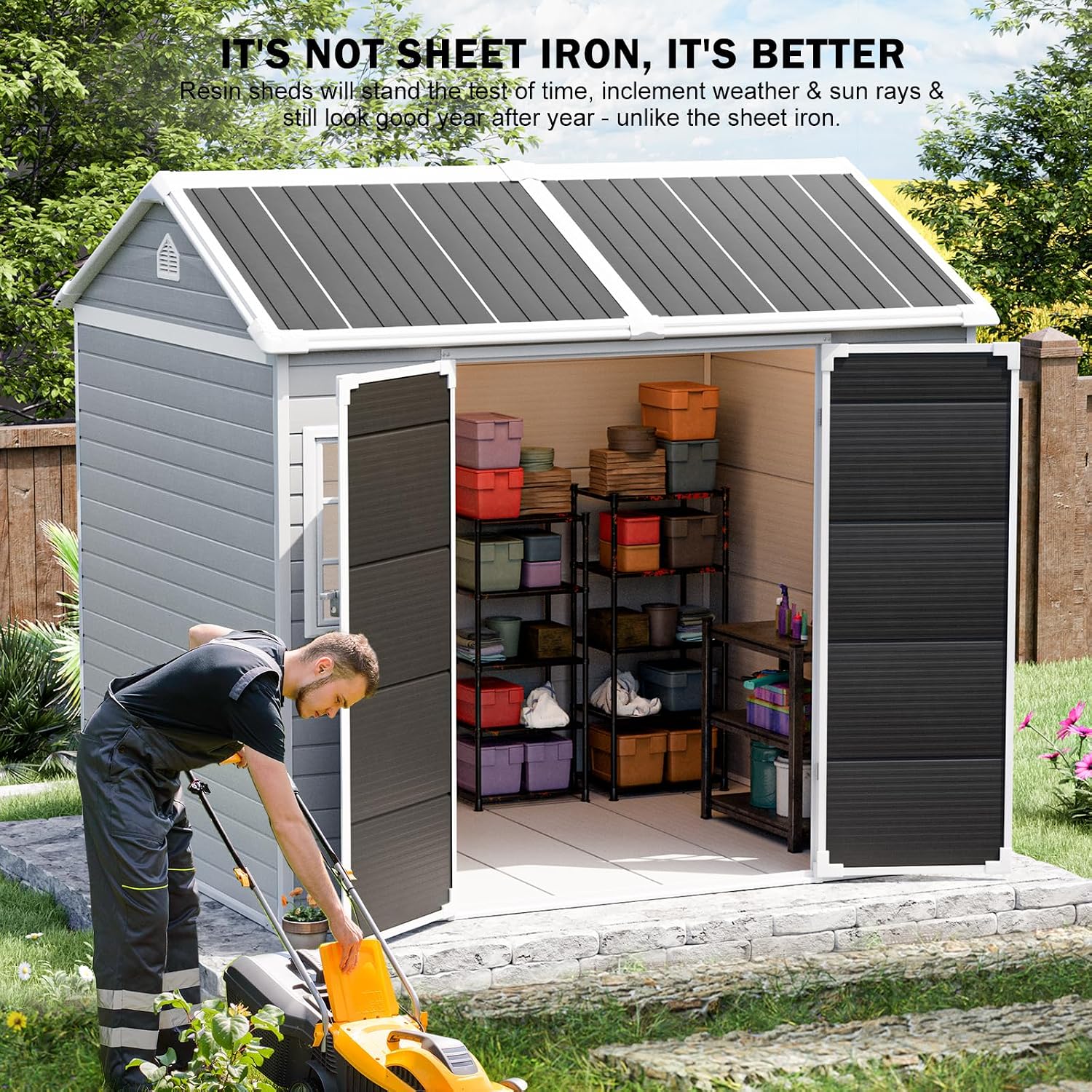 Resin Storage Shed w/Floor & O - Gardening Tools Of 评论和价格