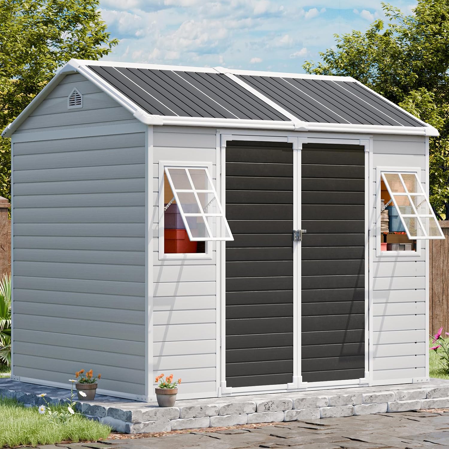 Resin Storage Shed w/Floor & O - Gardening Tools Of 评论和价格